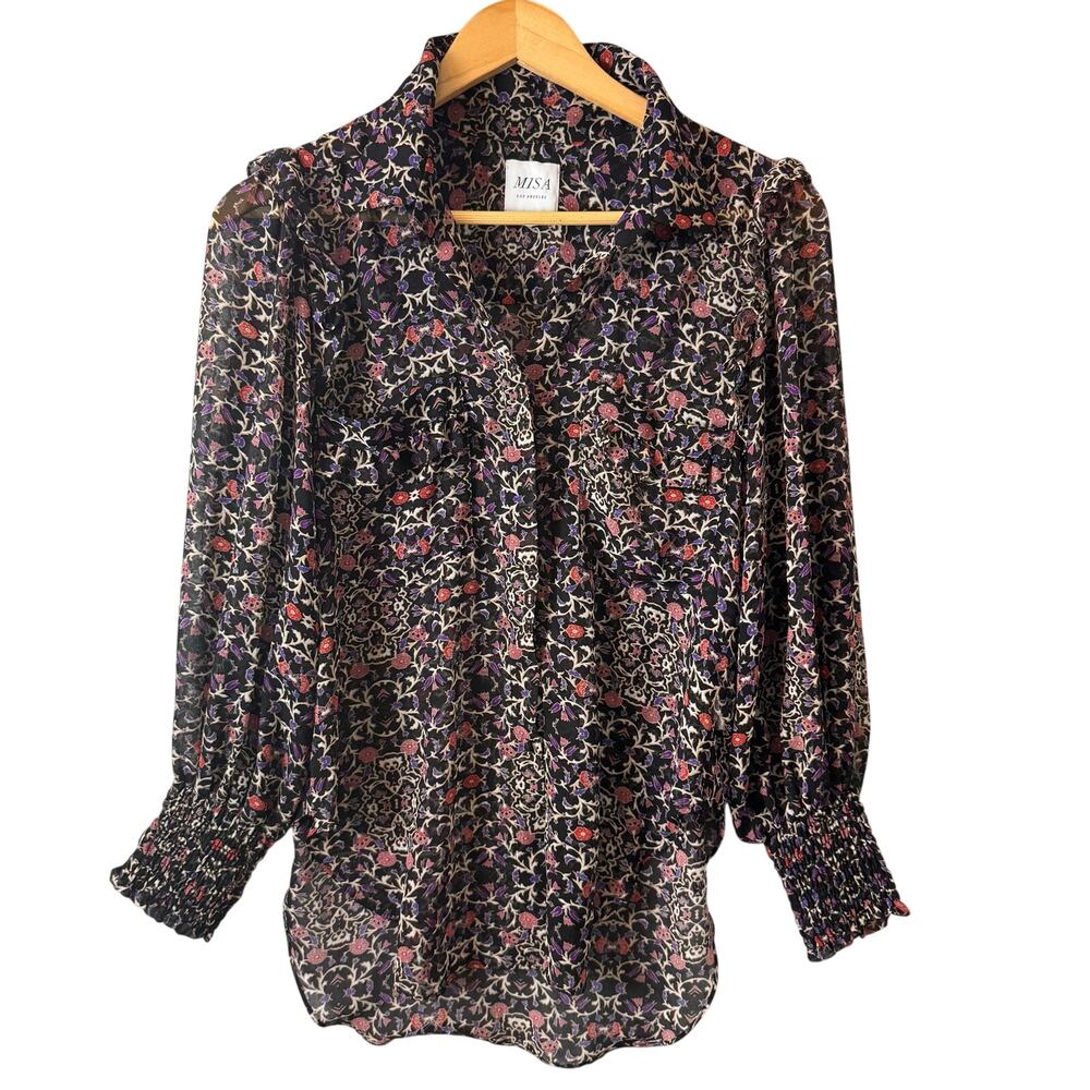 MISA black floral long-sleeve chiffon blouse Womens Viscose button-front smocked